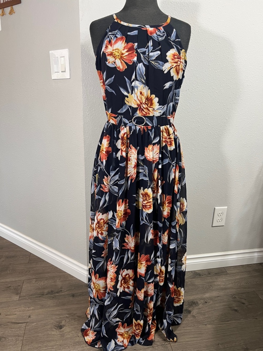 Navy Floral Halter Maxi Dress with Orange & Cream Blooms